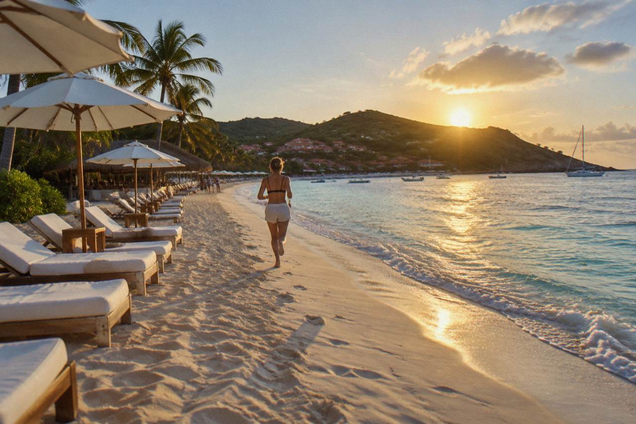 Sun loungers and straw umbrellas on a Caribbean beach with calm turquoise water