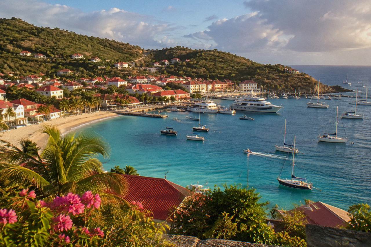 Turquoise water and green hills framing a sandy Caribbean beach on St Barts
