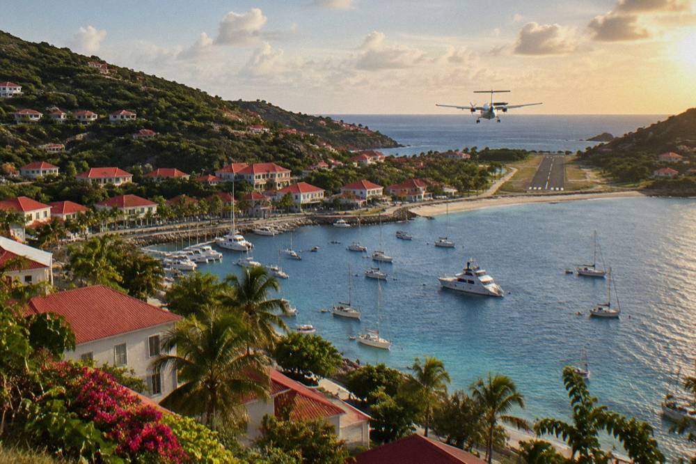 Turboprop aircraft low over a Caribbean bay toward a short runway between beach and hill