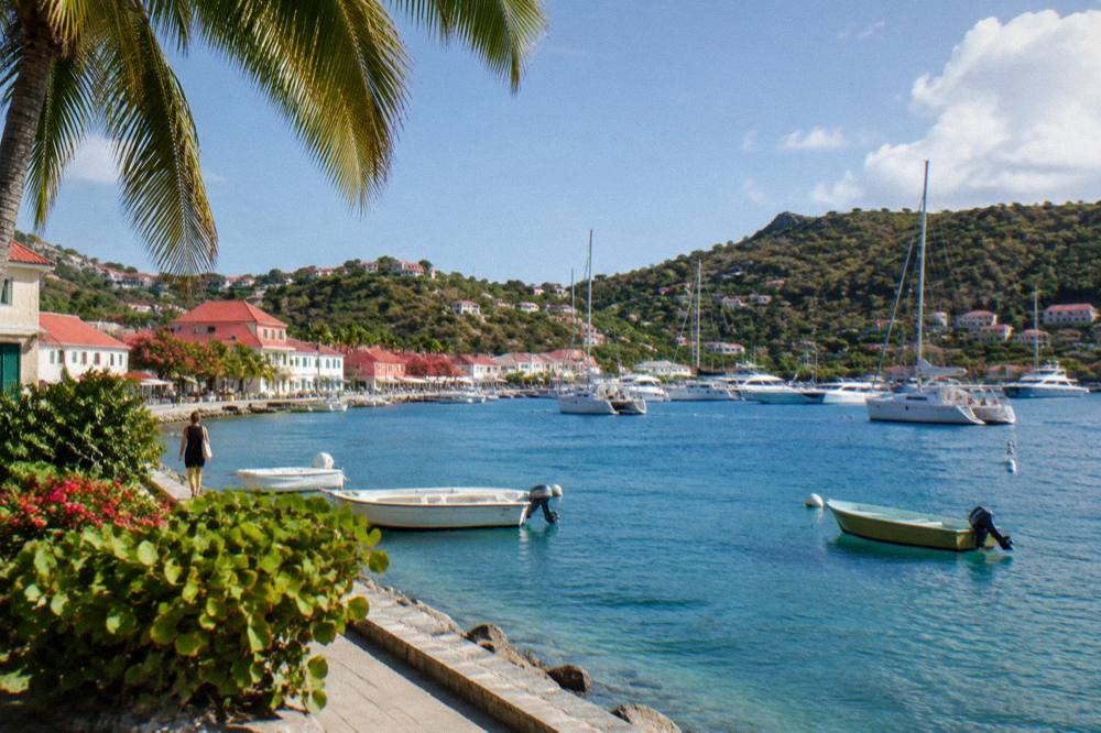 An undeveloped sandy bay ringed by green hills with no buildings on the shore