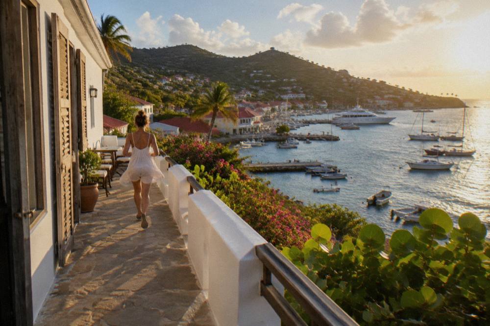 A whitewashed hotel terrace with wooden shutters overlooking the Caribbean sea