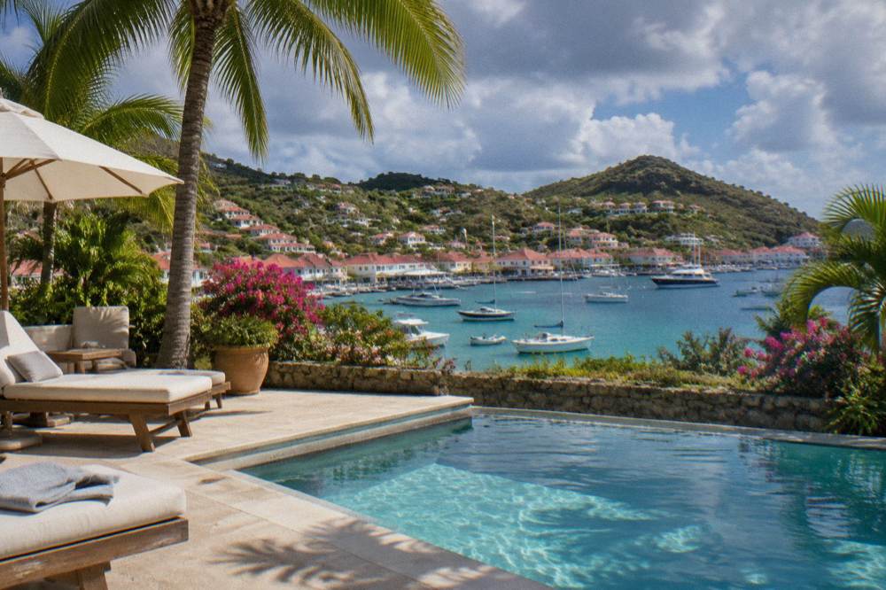 A quiet hotel swimming pool terrace with sun beds and palm trees