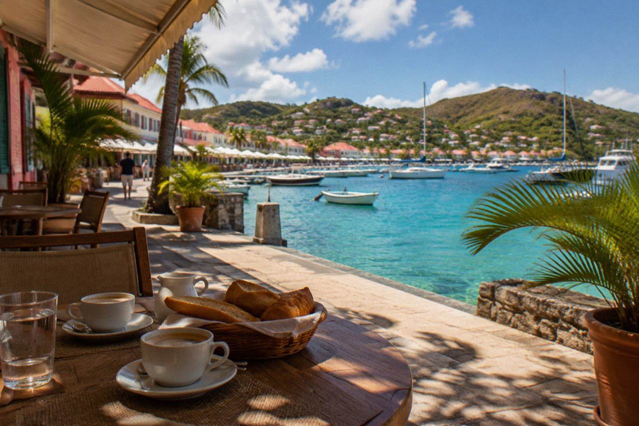 A shaded terrace table overlooking a Caribbean harbor with coffee cups and fresh bread