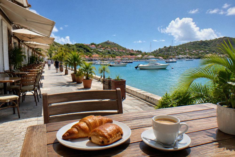 Fresh pastries and a coffee cup on a wooden table with a sea view