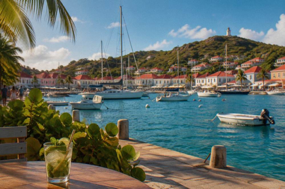 White buildings with red roofs on a hillside above a harbor filled with masts