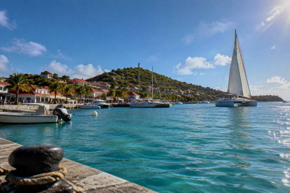 A catamaran under sail on open blue water with a coastline in the distance