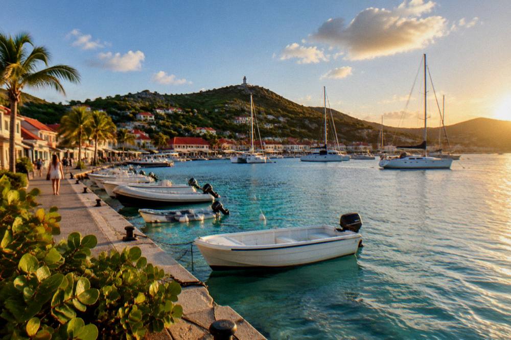 Sailing yachts at anchor in a harbor at golden hour with hills behind the town