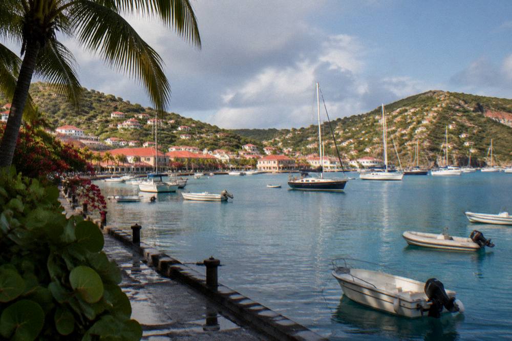 Evening light over a Caribbean harbor with masts and hillside houses