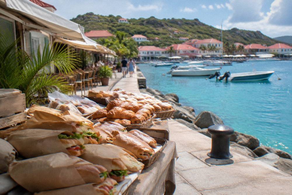 Paper-wrapped sandwiches and pastries on a market table beside a harbor wall