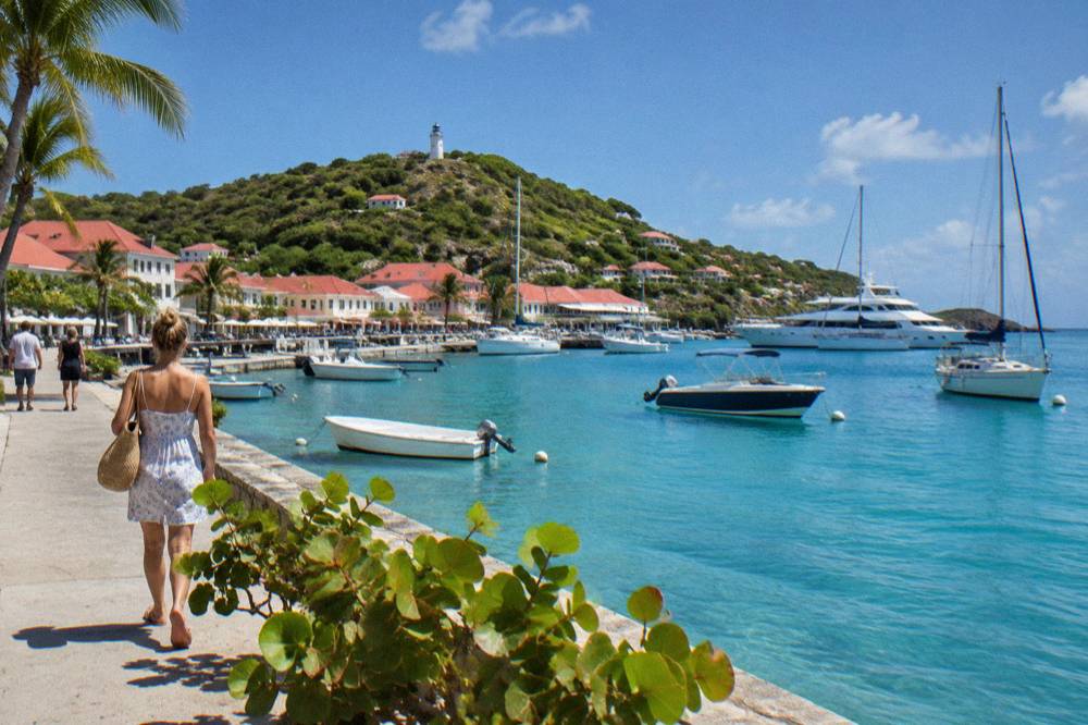 A sunny Caribbean beach with white sand, gentle waves and a few palm trees
