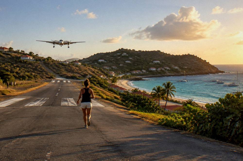 Small turboprop aircraft on the short runway at Gustaf III Airport beside the beach at Saint-Jean