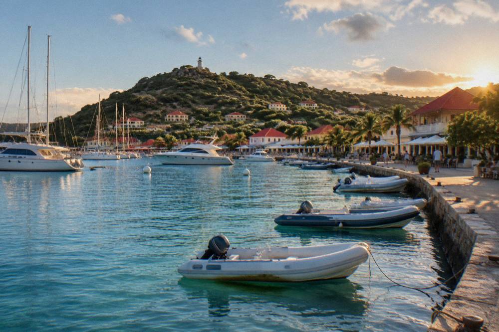 Tender boats moored at a stone quay in Gustavia harbor with cafes and shops along the waterfront