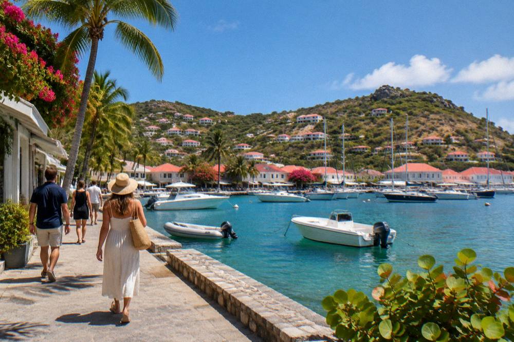 Passengers walking along a sunlit waterfront street in Gustavia with the harbor behind them