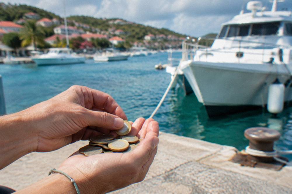 A traveller counting euro notes beside a ferry dock with white boats moored in the background