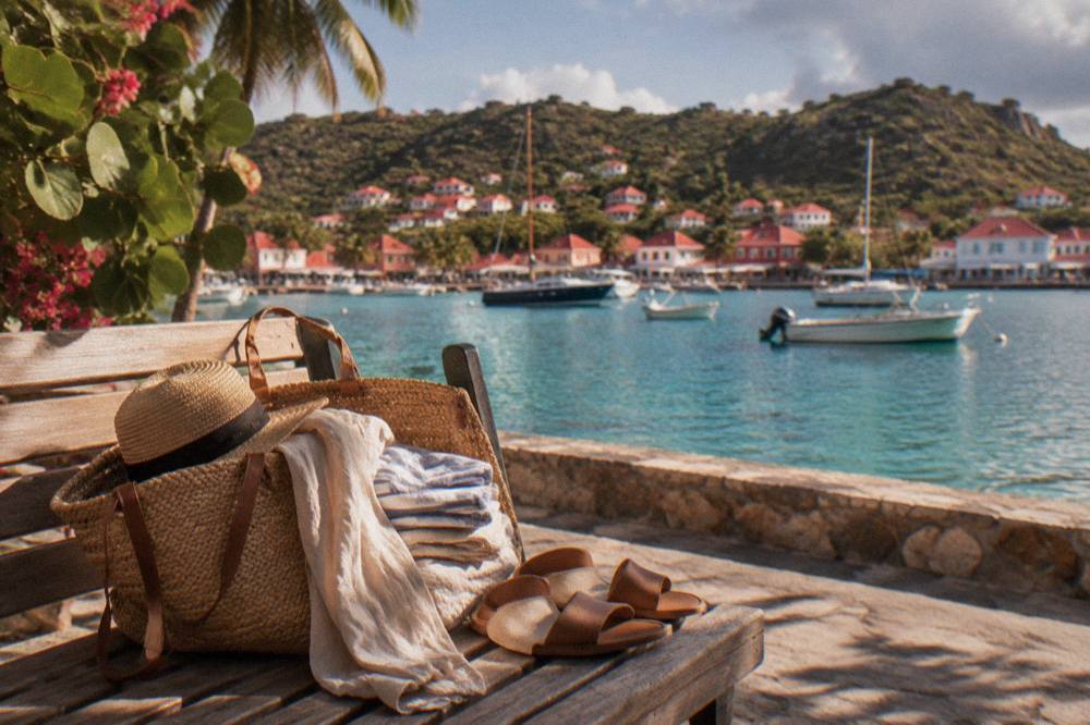 Open beach bag with sunhat, sandals and folded linen clothing on a wooden bench