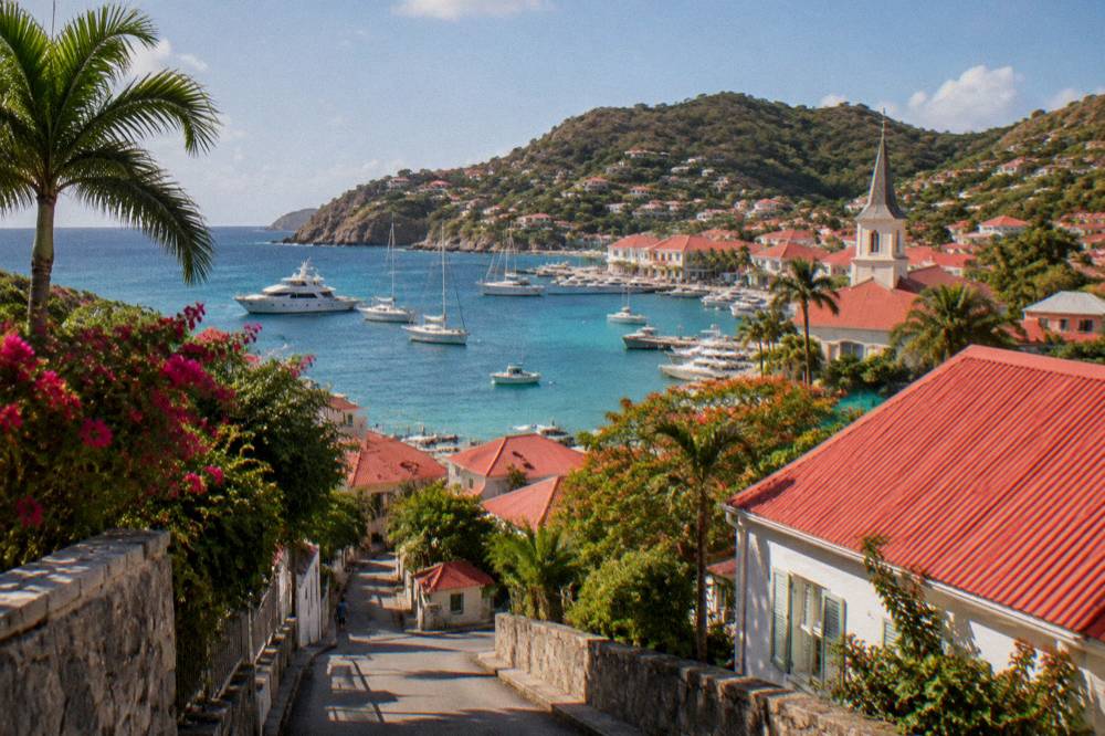 A quiet Caribbean street with red roofs and a church tower under a clear sky