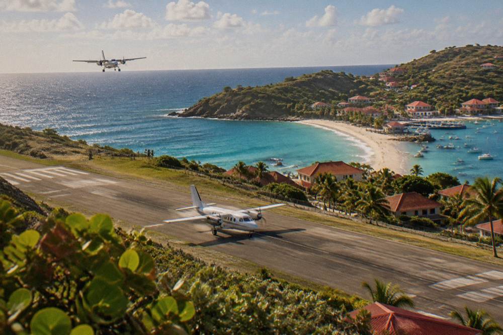 A small turboprop aircraft on the short runway at St Barts airport with the beach behind
