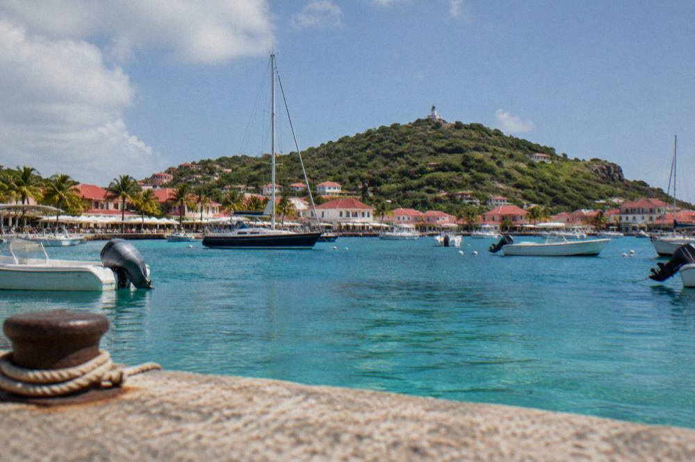 A palm-lined Caribbean beach with calm shallow water and a bright sky