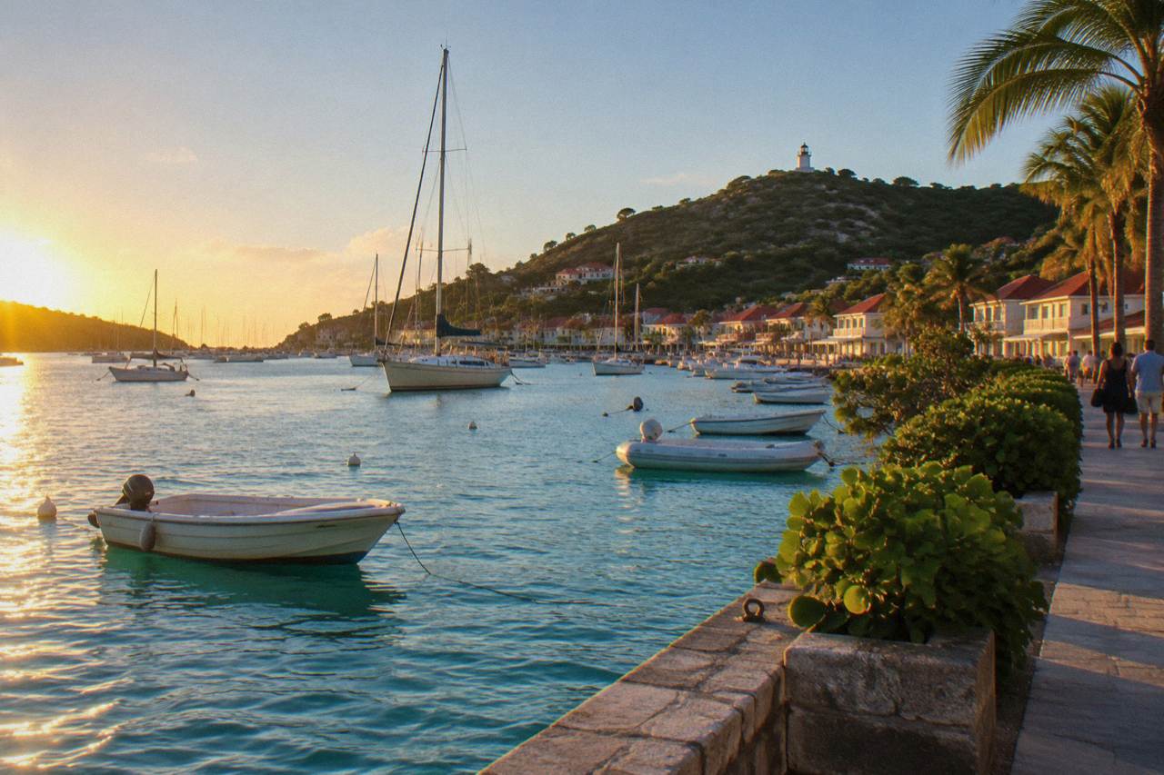 Sailboats moored in Gustavia harbour under a clear sky