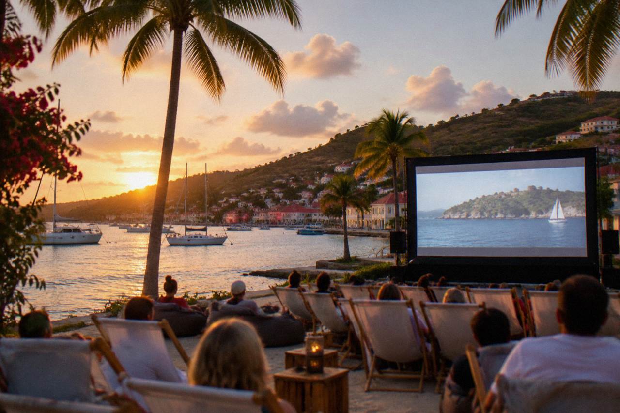 An open air cinema screen standing on a Caribbean waterfront at dusk with palm trees and anchored sailboats nearby