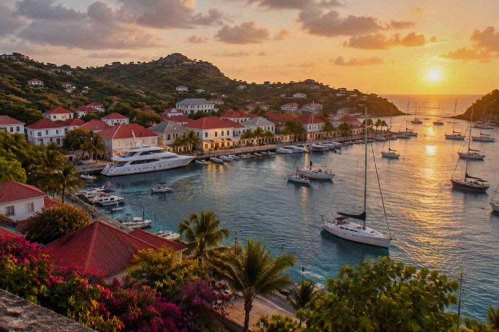A harbour town at twilight with white buildings, red roofs and masts of moored yachts along the waterfront