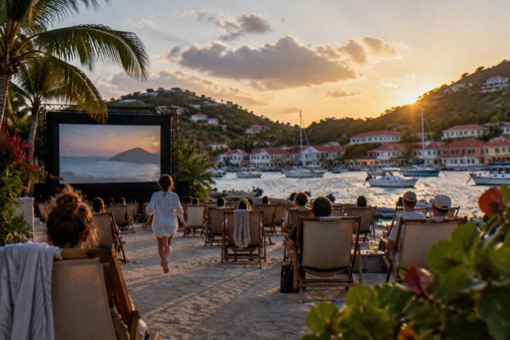 People seated on deck chairs watching a film on a large outdoor screen in a warm evening setting