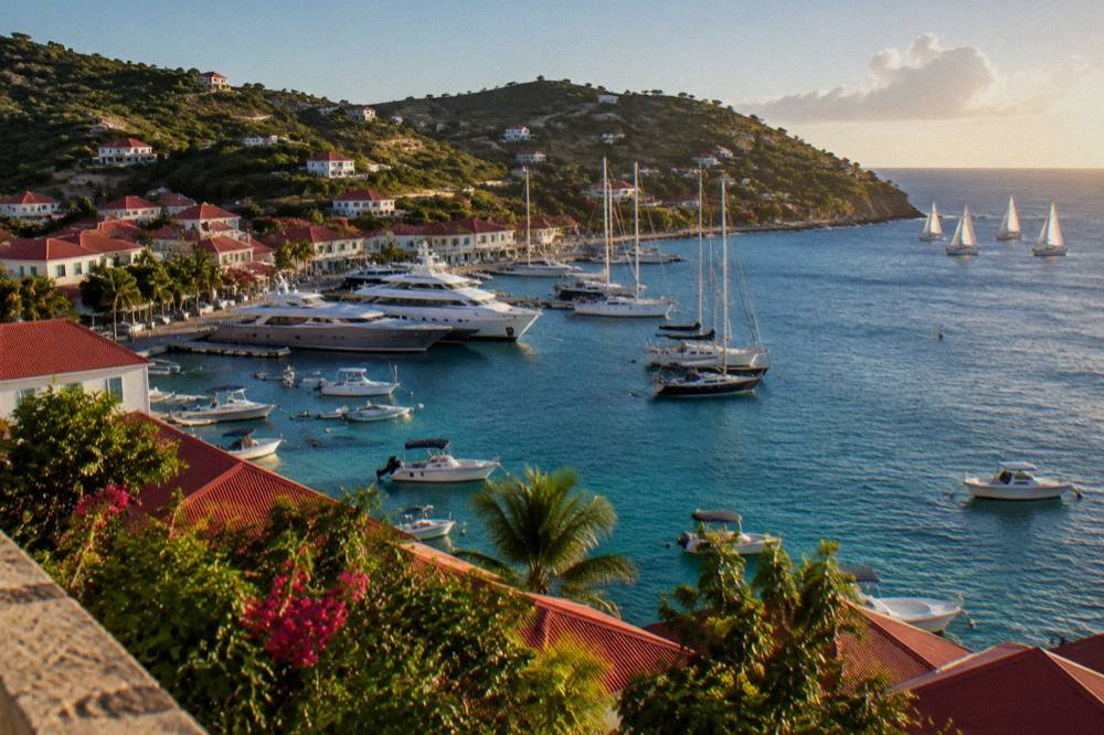Sailing yachts racing offshore of a green Caribbean hillside under a clear sky