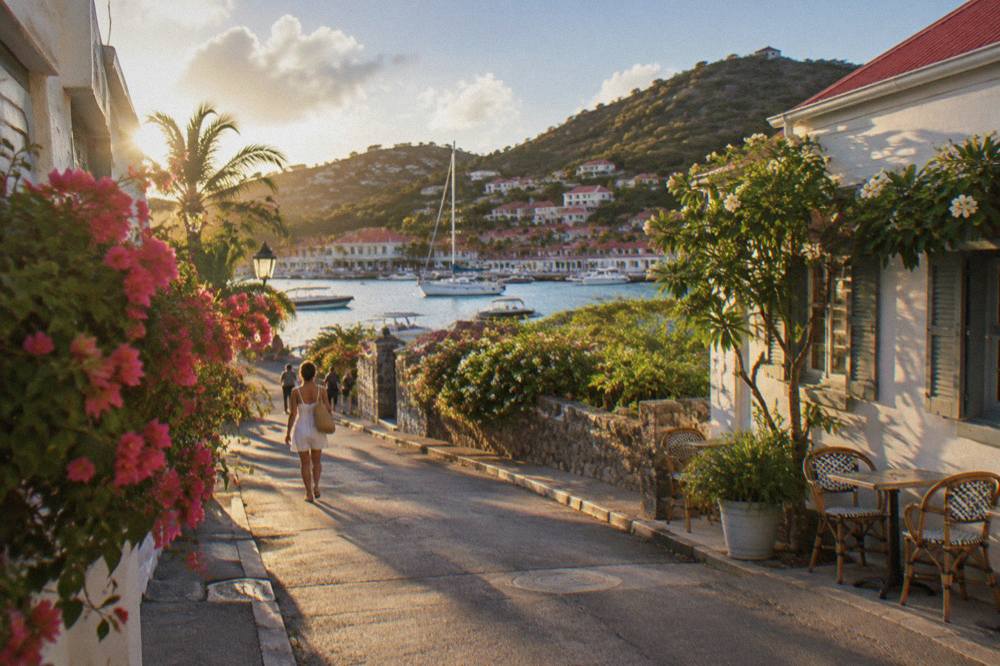 A narrow Caribbean street with whitewashed buildings, bistro chairs and flowering shrubs in late afternoon light
