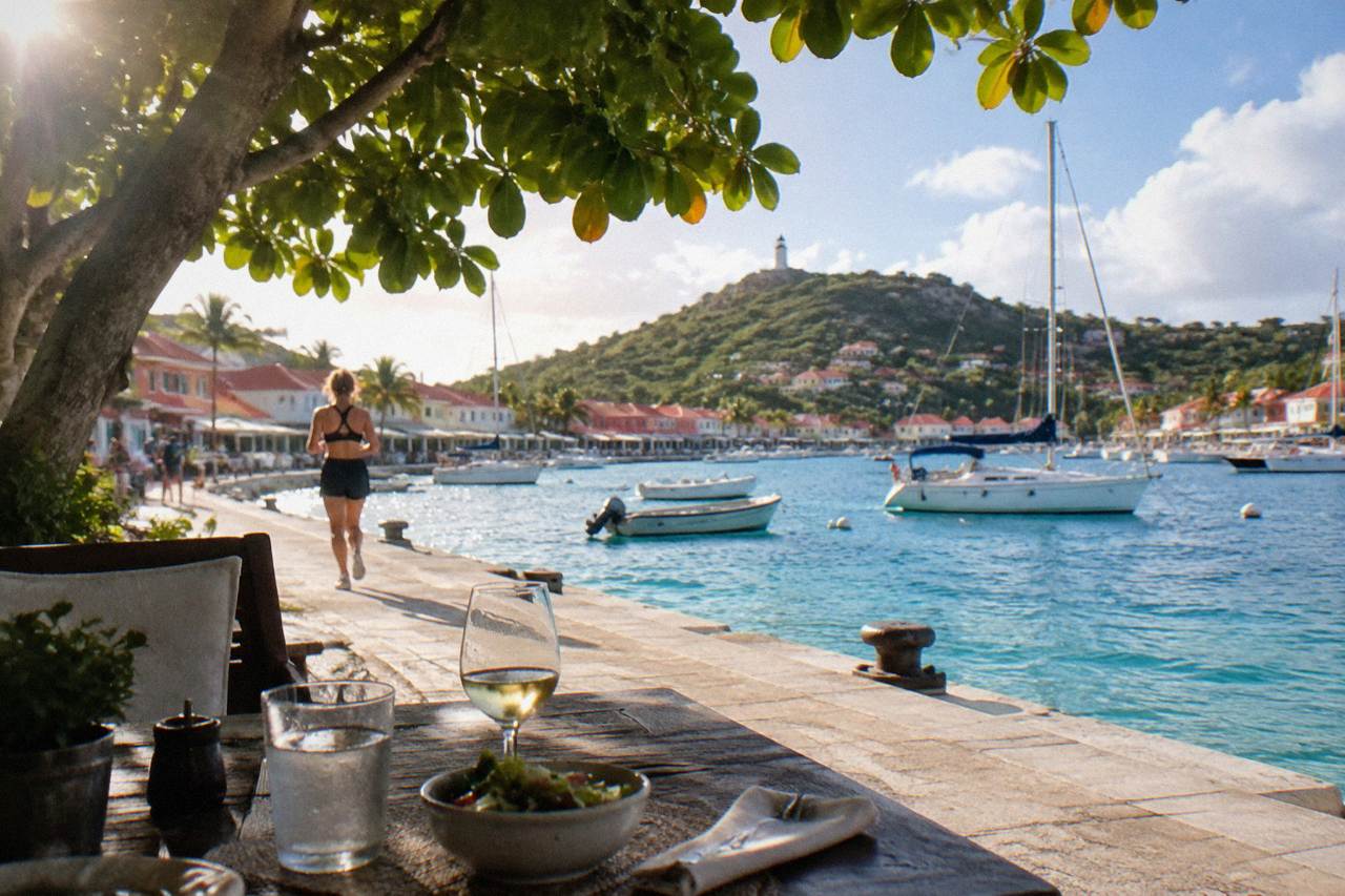 A table set for lunch under shade near the water in Gustavia harbour