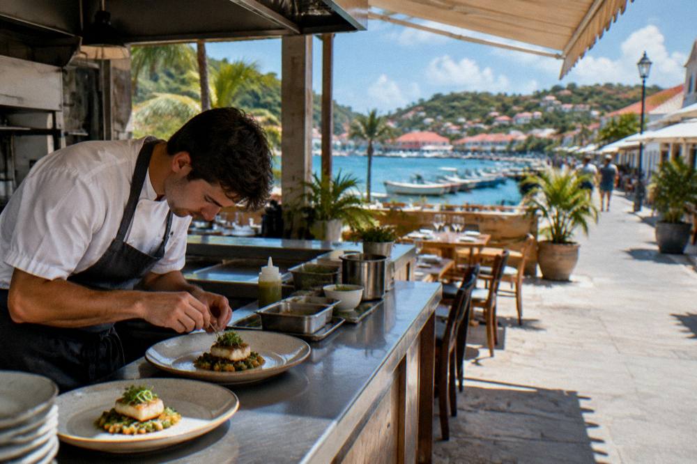 A chef plating a refined dish in an open restaurant kitchen