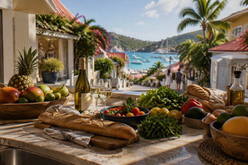 A villa kitchen counter laid out with bread, fruit, wine and groceries for the week