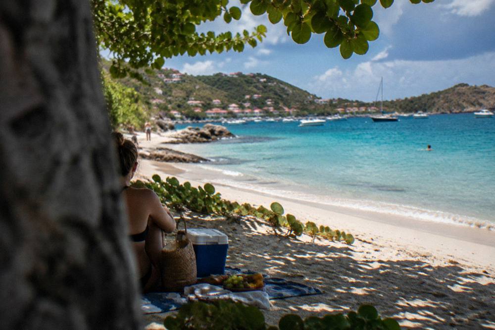 A shaded beach picnic with a cooler, bread and fruit on a towel above the sand