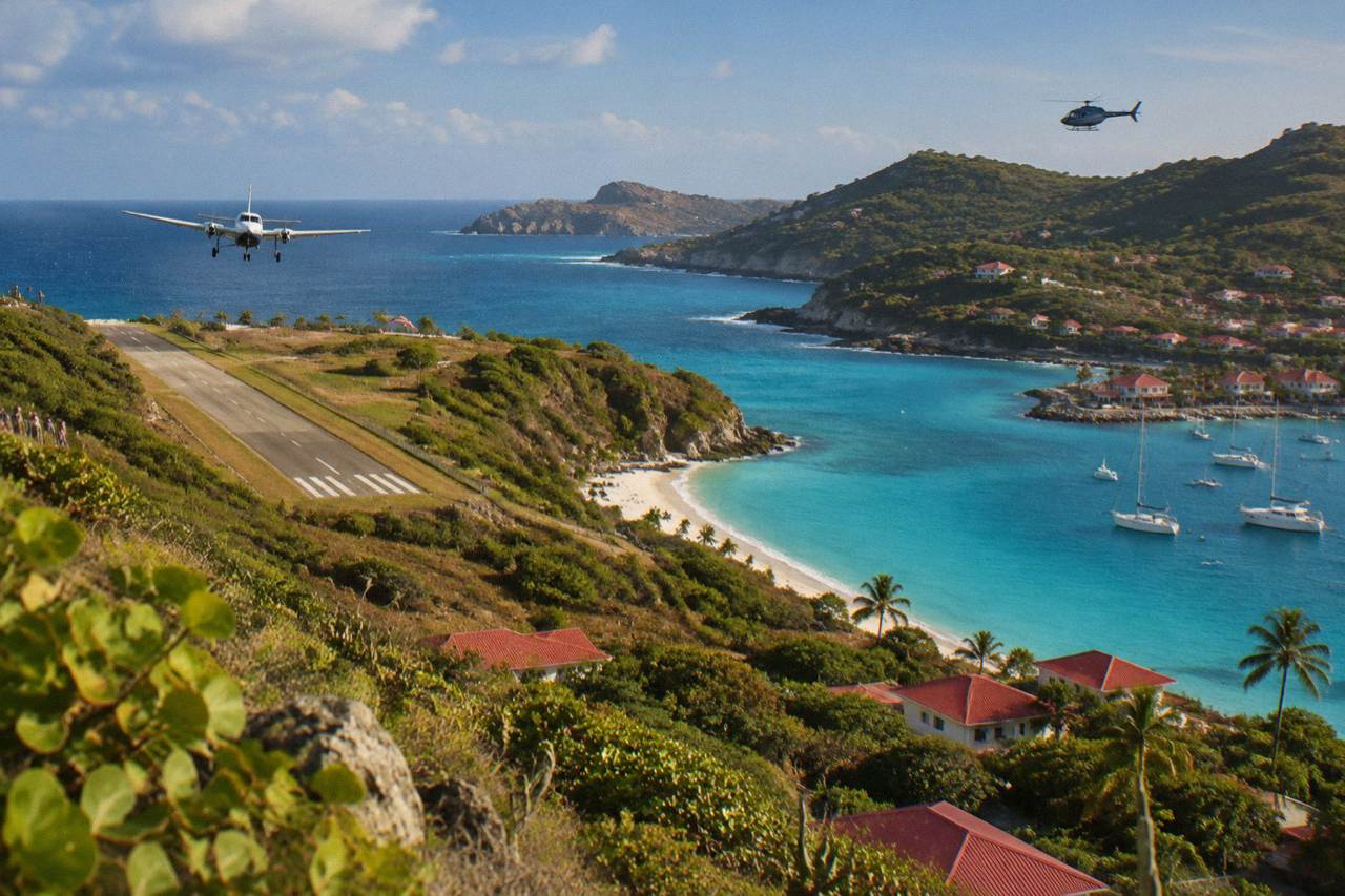 A helicopter flying over a turquoise Caribbean bay with green hills