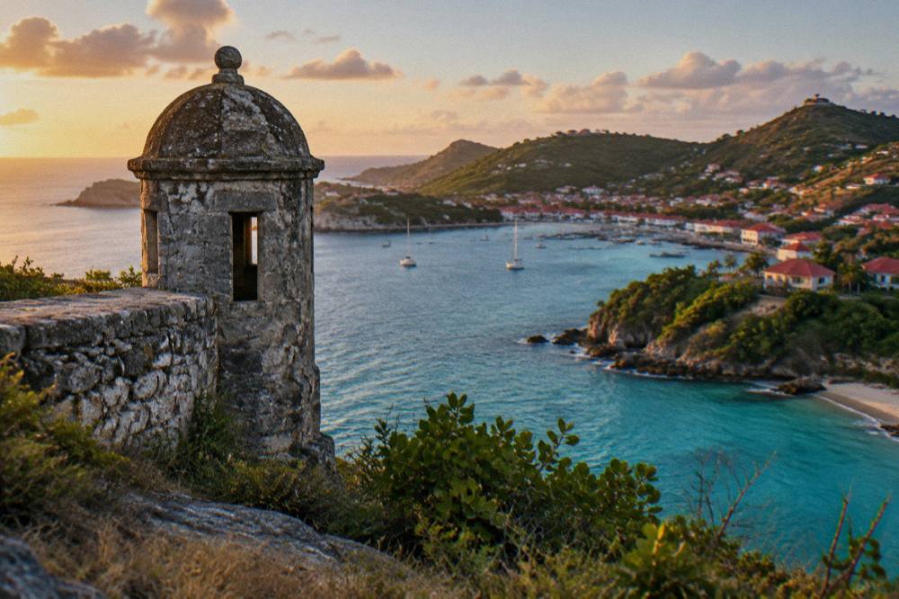 A stone watchtower on a headland above a Caribbean bay at golden hour