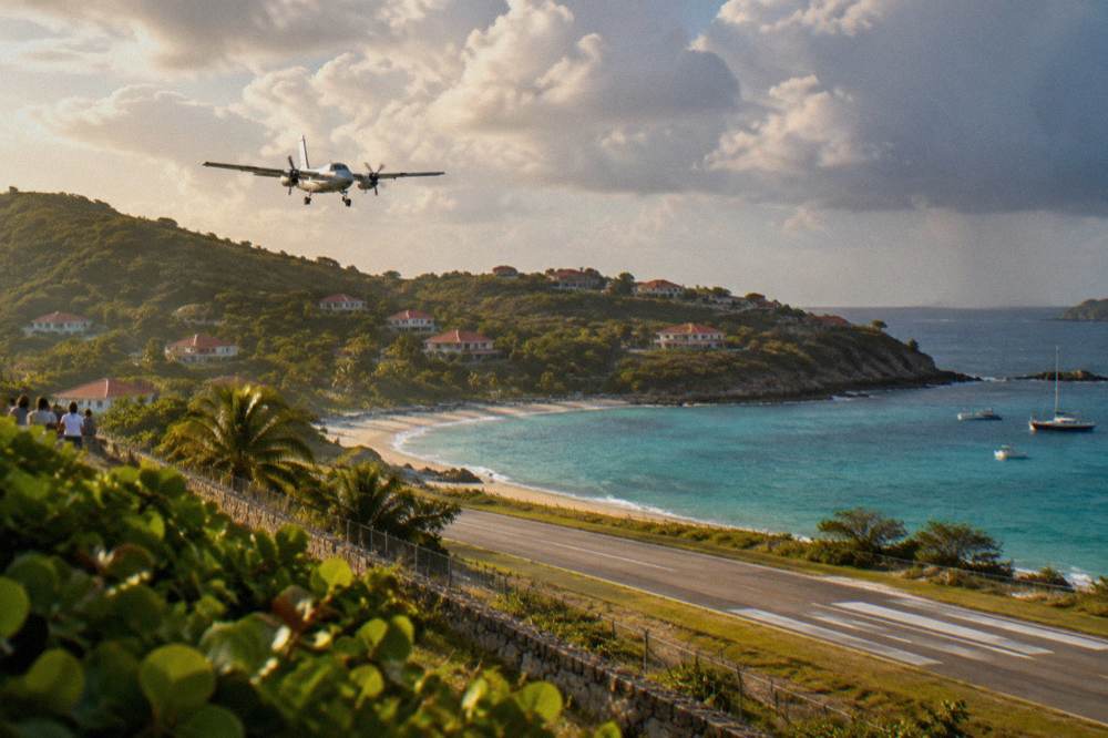 A small turboprop aircraft on a short runway beside a beach between green hills