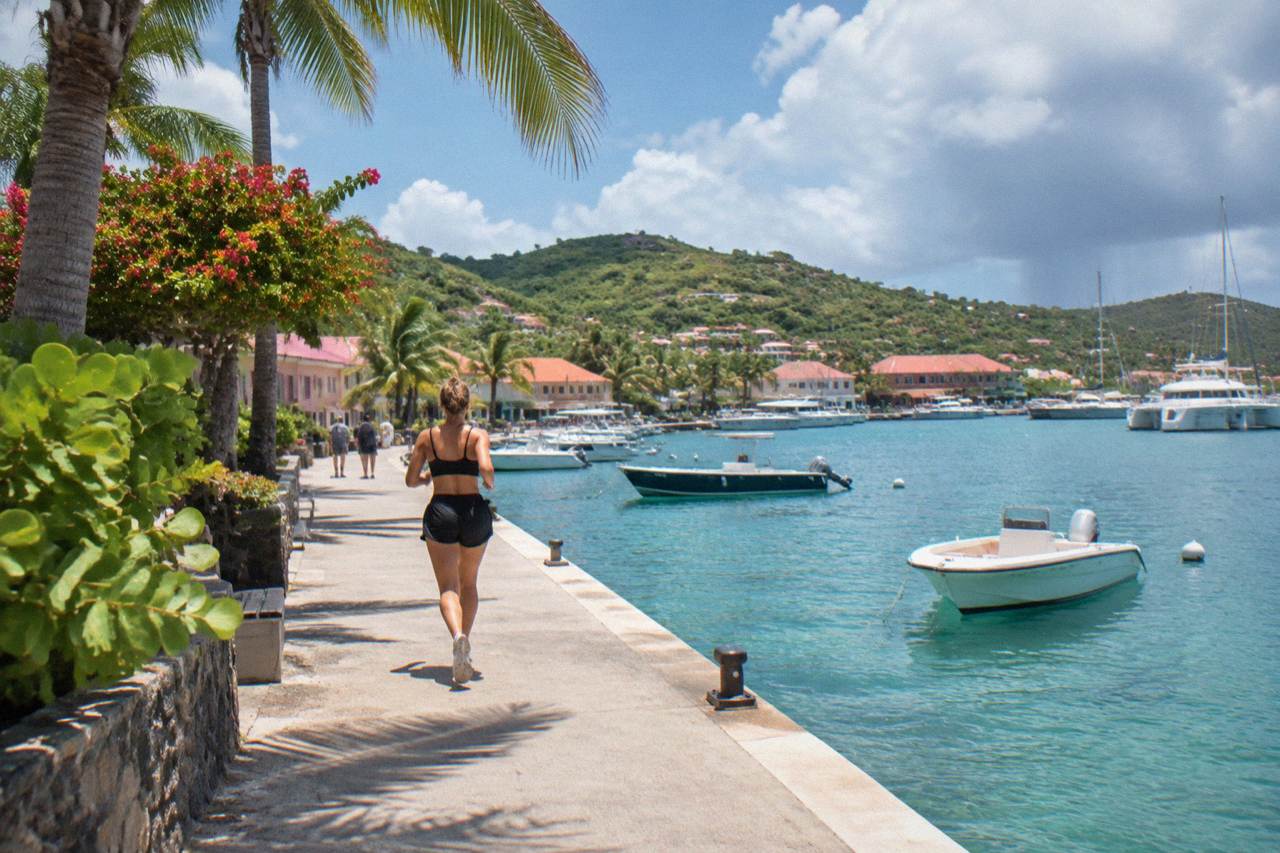 A quiet Caribbean bay on St Barts with turquoise water and green hills under an August sky