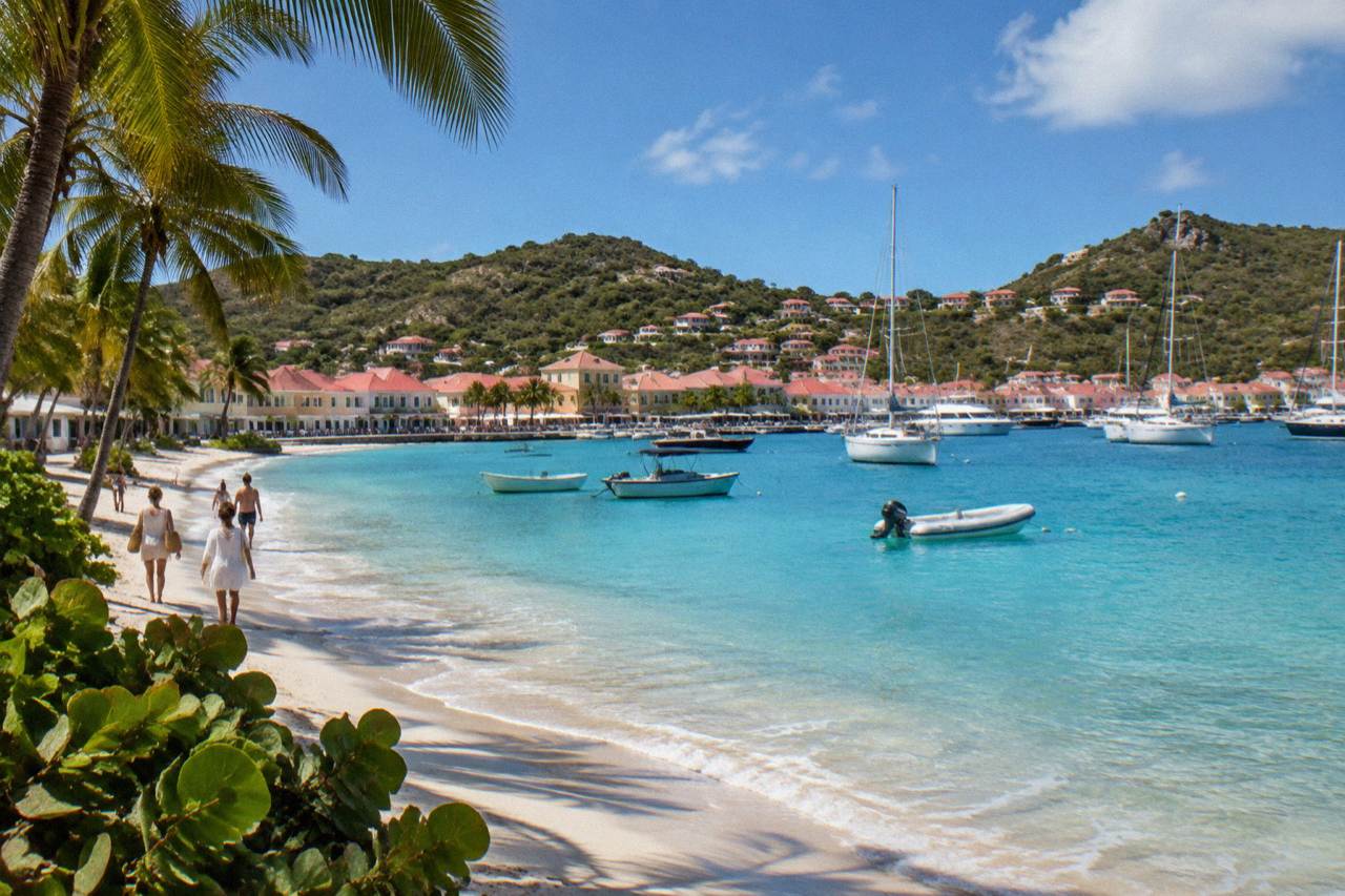 A palm-lined Caribbean beach on St Barts with calm turquoise water under a sunny sky
