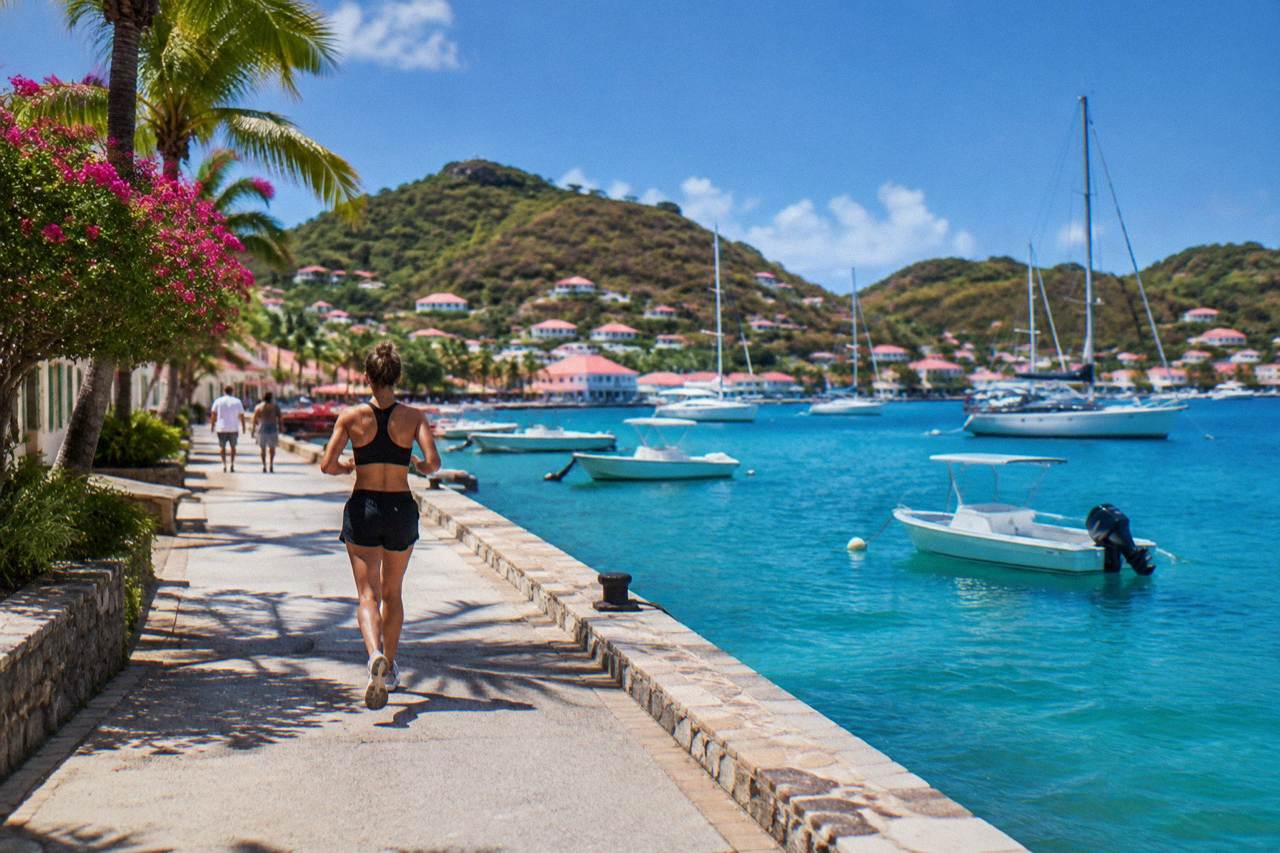 Sailboats anchored in turquoise water below the green hills of St Barts in winter