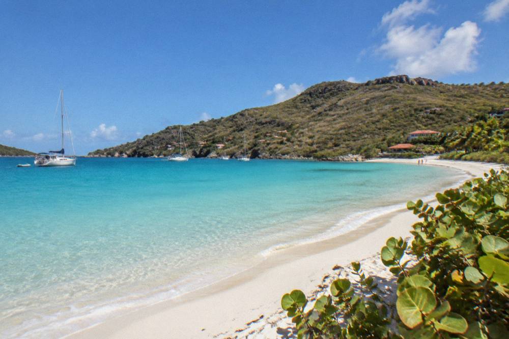 A quiet white-sand beach with clear shallow water and no people, framed by low coastal vegetation