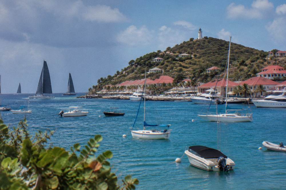 Large sailing yachts racing offshore near a harbor town