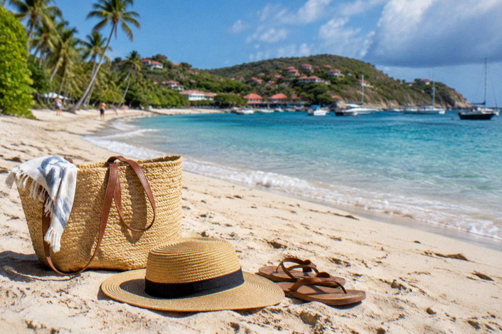 A beach bag, hat and sandals on sand beside calm clear water