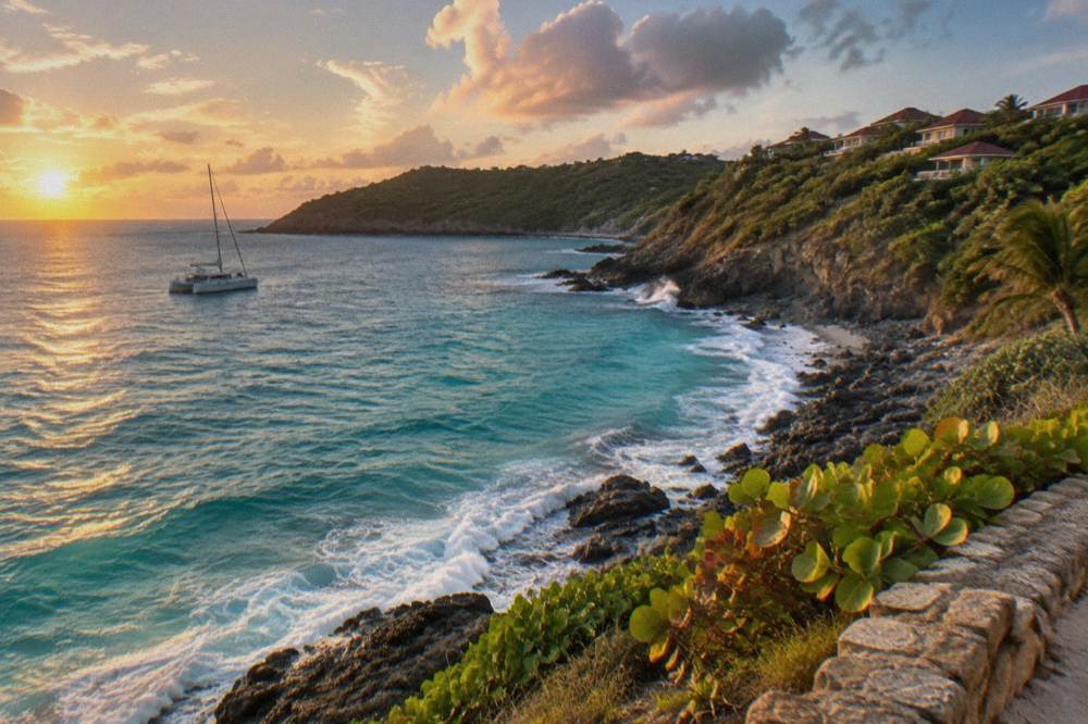 A sailing catamaran anchored in a clear green bay with a wooded headland behind it