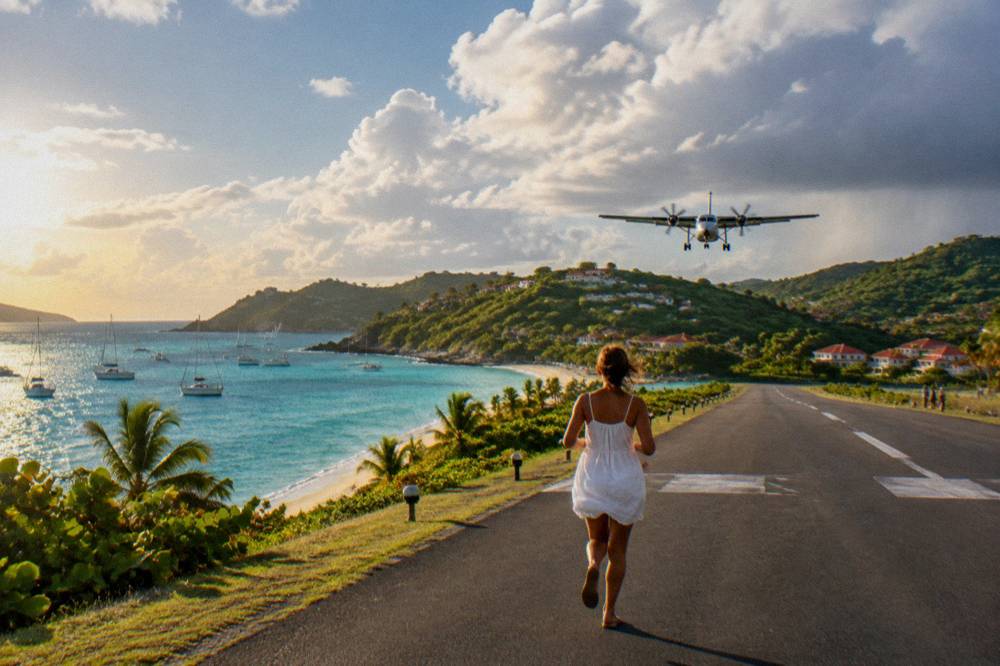 A small turboprop aircraft on a short runway between a hillside and a Caribbean beach