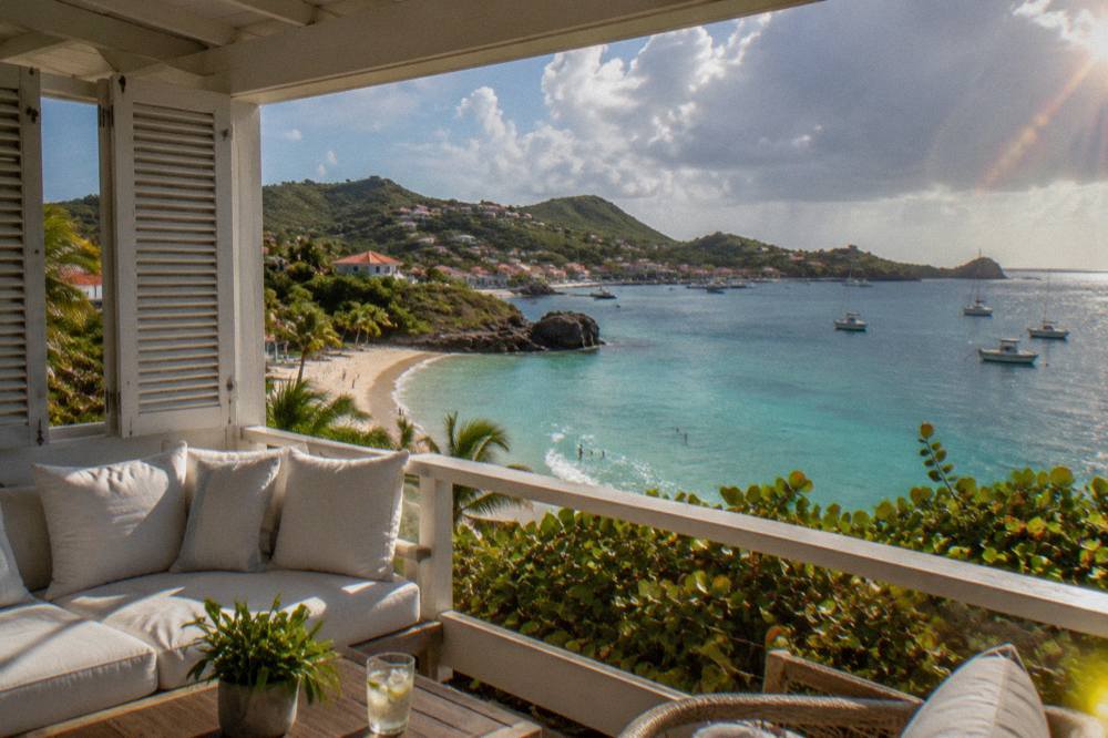 A covered terrace with white cushions and open shutters overlooking the Caribbean sea