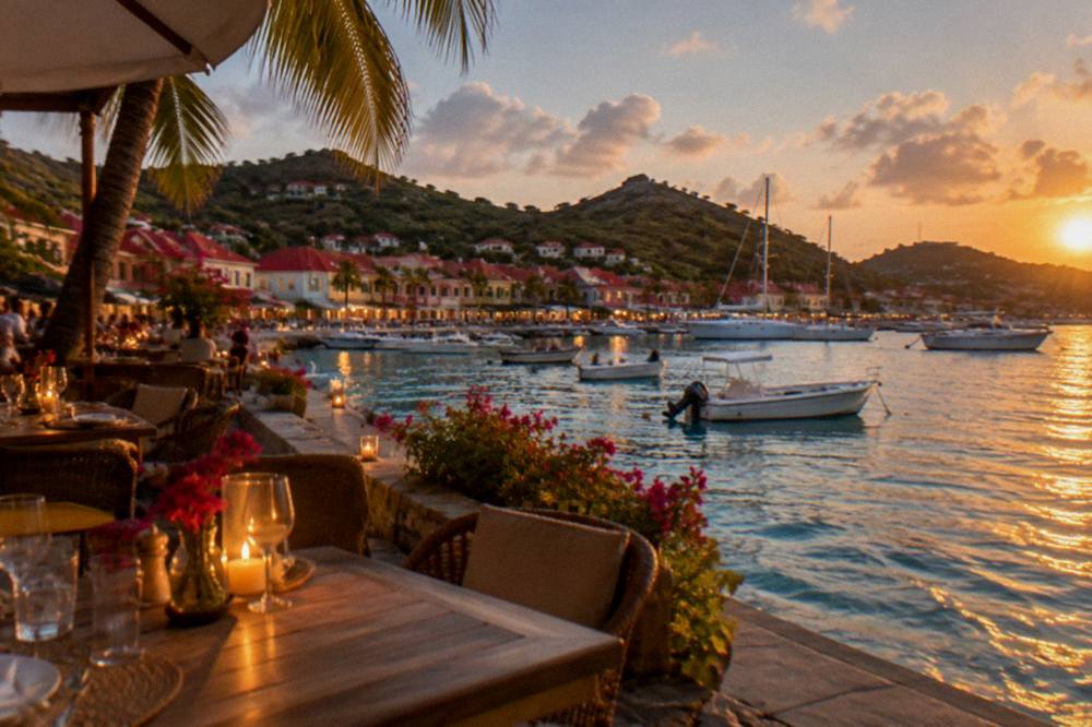 A candlelit restaurant terrace in a Caribbean harbour town in the evening with warm lights along the waterfront