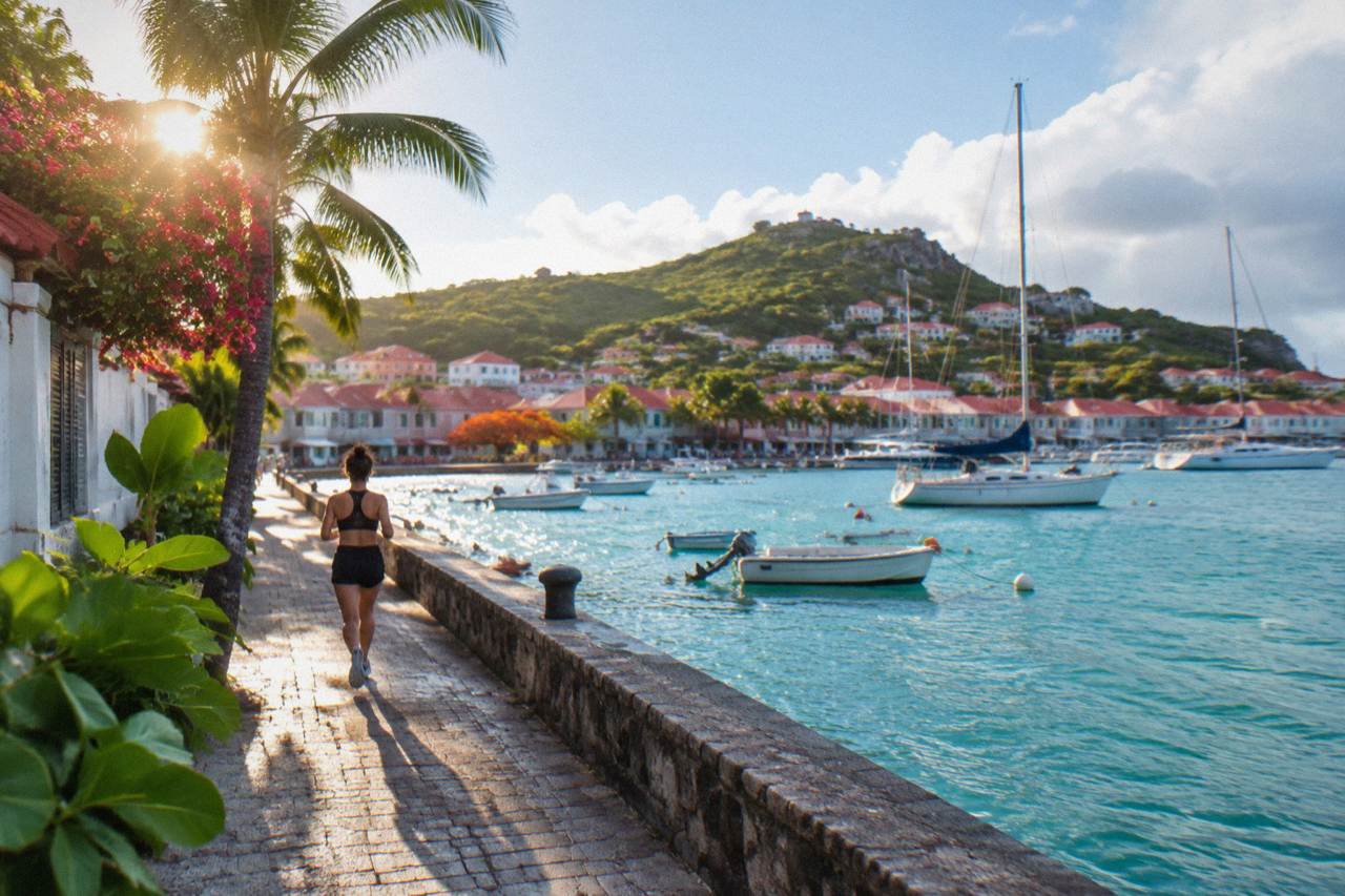 Sailboats anchored in turquoise water below the green hills of St Barts