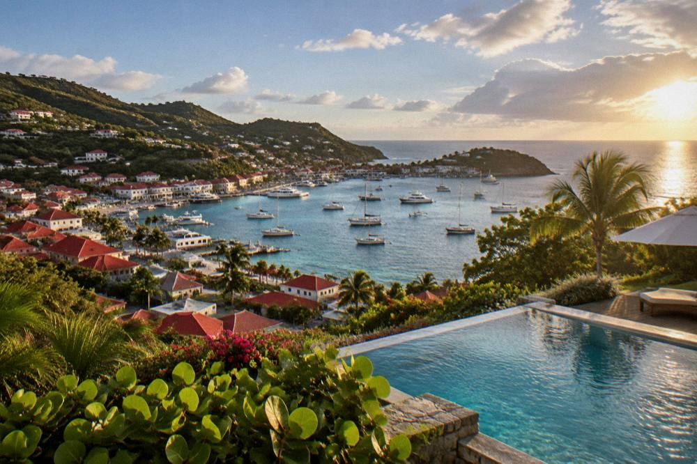 A hillside villa with a pool overlooking the sea at sunset