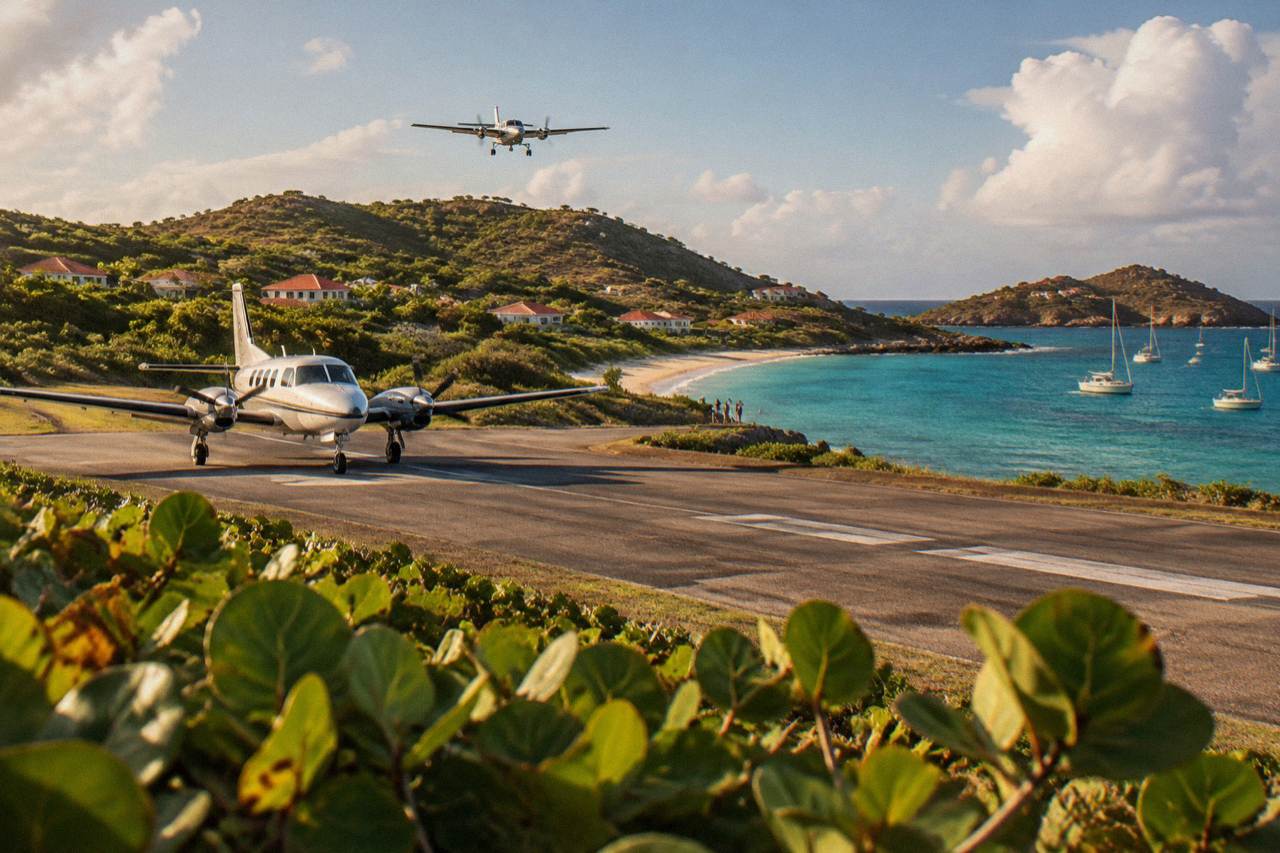 A small turboprop aircraft parked on the runway at a Caribbean hillside airport