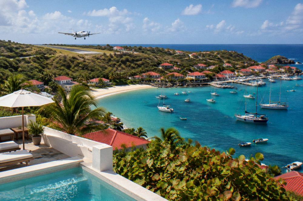 A whitewashed villa terrace overlooking a turquoise Caribbean bay at midday