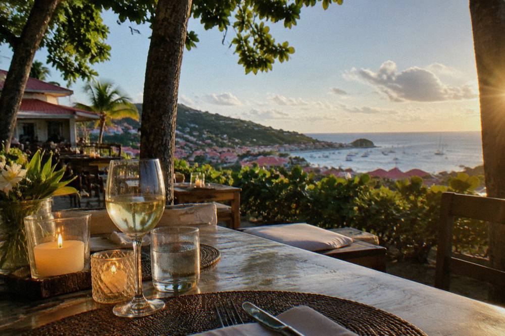 An outdoor terrace table set for the evening with candles and a view over rooftops toward the sea
